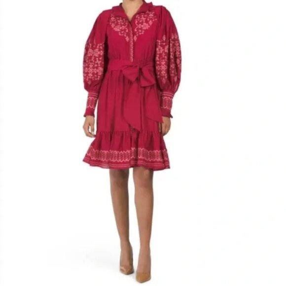 Kobi Halperin Cheryl Ruffle Trim Floral Embroidered Statement Belt Dress NWT - Picture 1 of 12